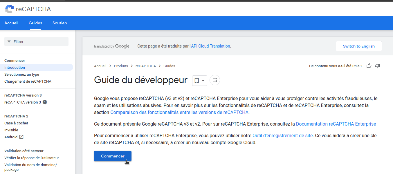la console d'enregistrement reCAPTCHA