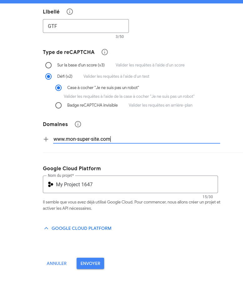Formulaire reCAPTCHA