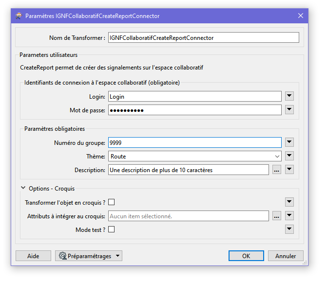 IGNFCollaboratifCreateReportConnector parameters