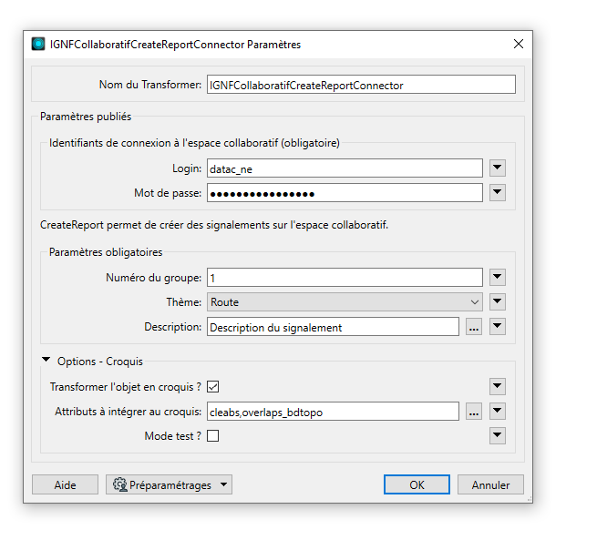 IGNFCollaboratifCreateReportConnector parameters