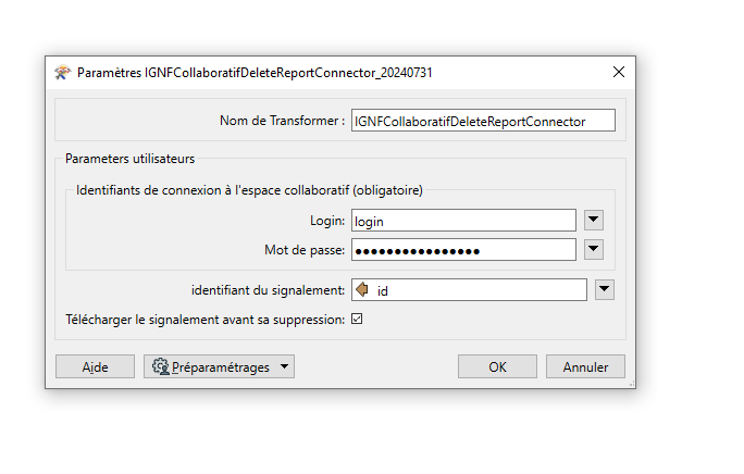 IGNFCollaboratifDeleteReportConnector parameters