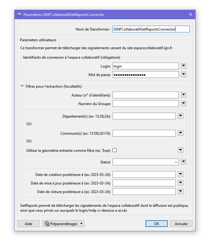 IGNFCollaboratifGetReportsConnector parameters