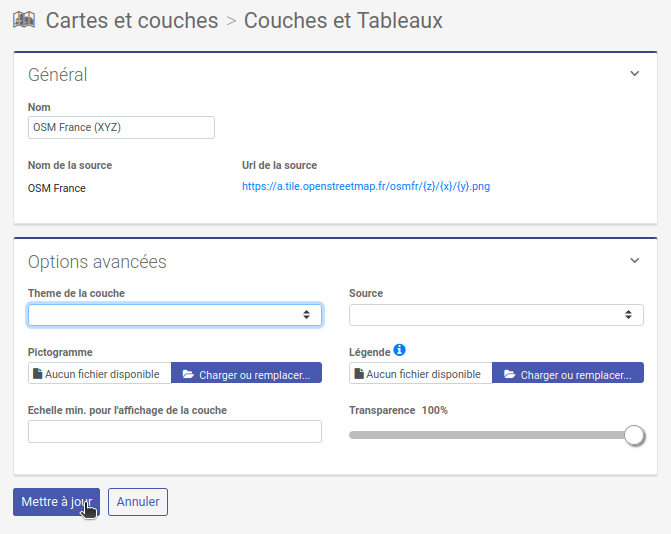 Configuration des informations générales pour les couches OSM (XYZ)