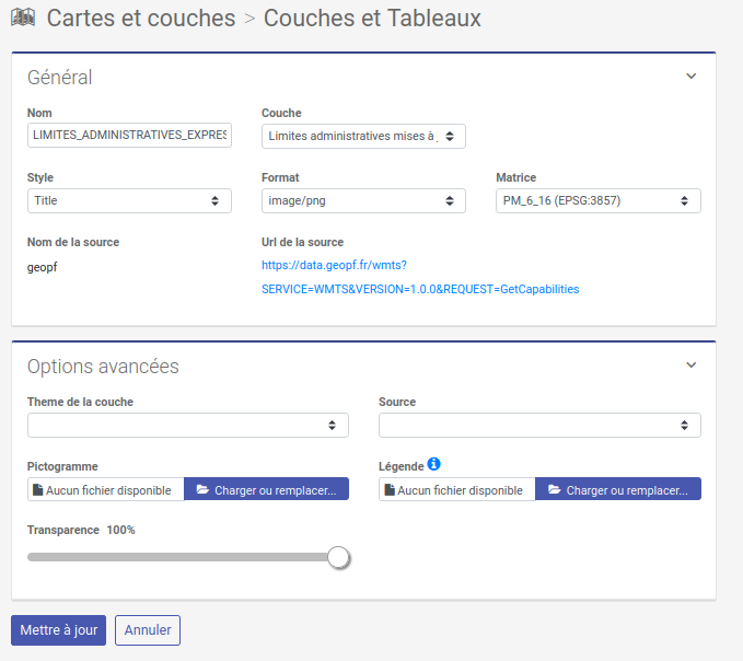 Configuration des informations générales pour les couches WMTS