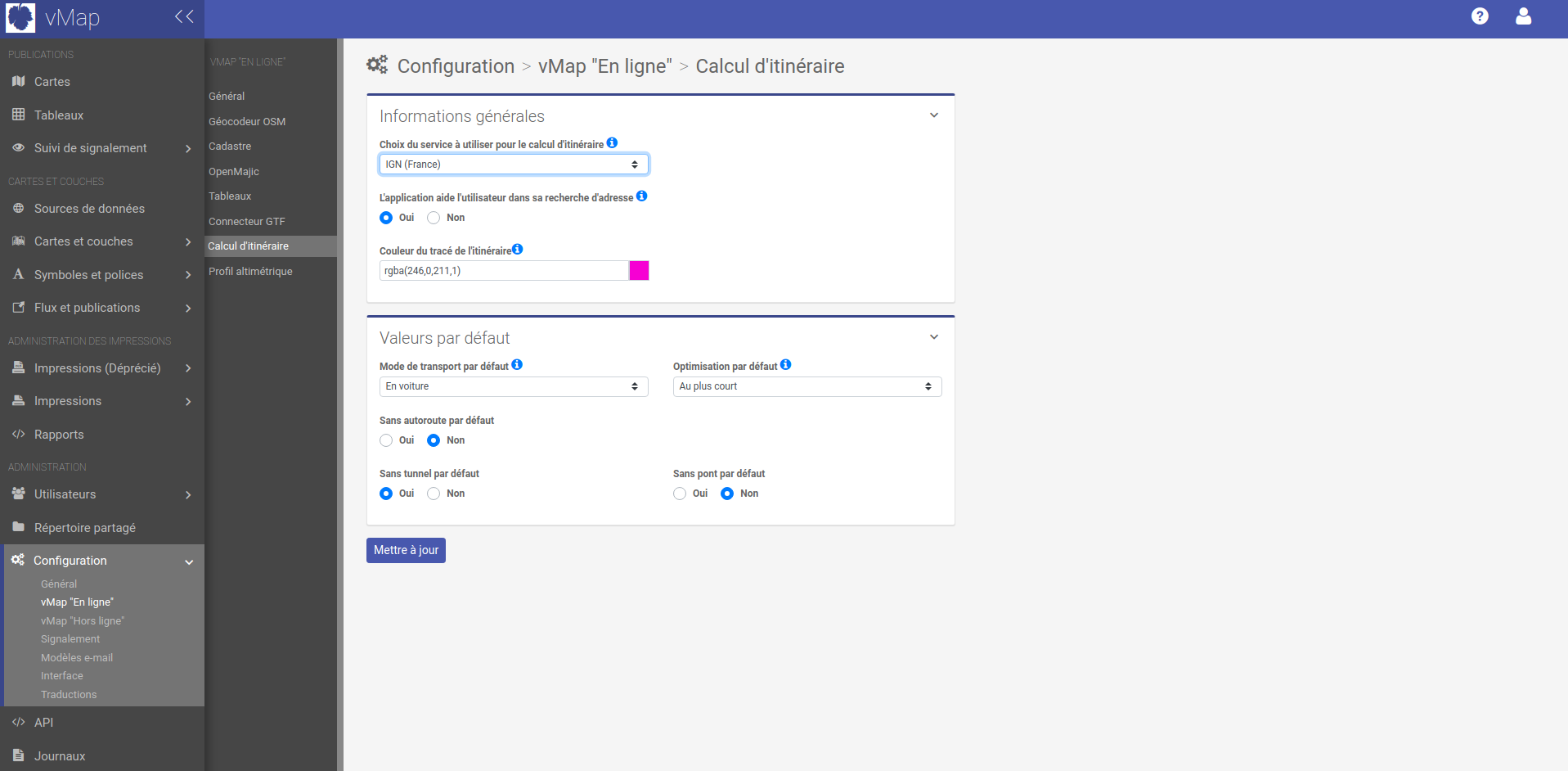 Page de configuration du calcul d'itinéraire