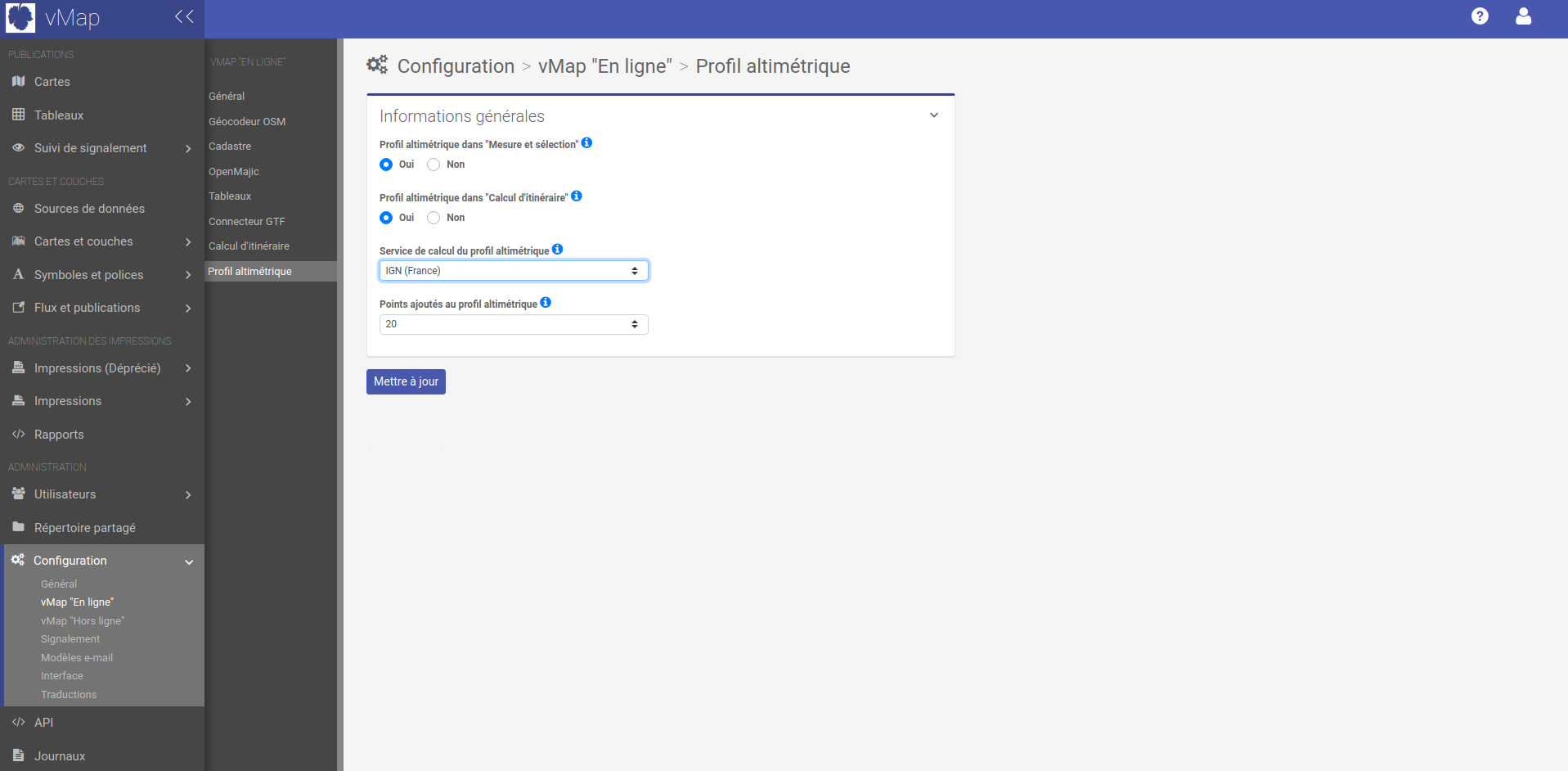 Page de configuration du profil altimétrique
