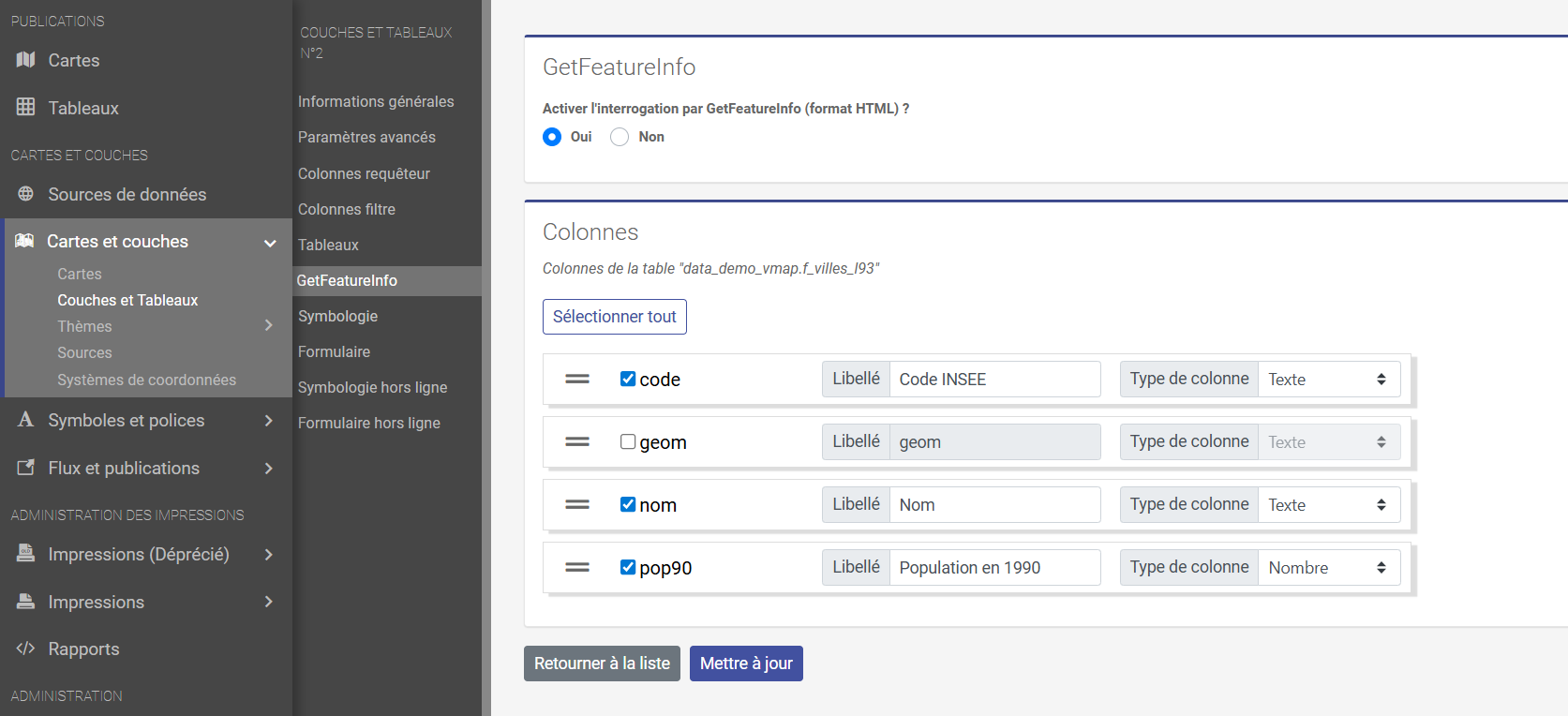 Activation couche postgresql getfeatureInfo