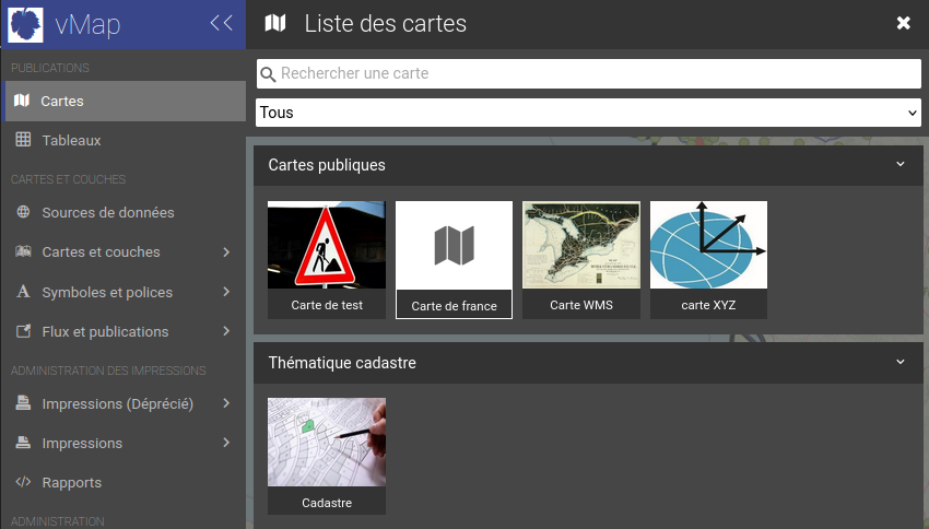 Liste des cartes avec des thèmes 