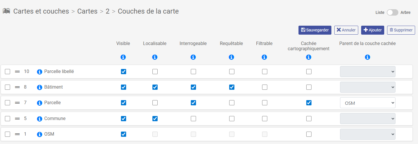 Couche de la carte - options