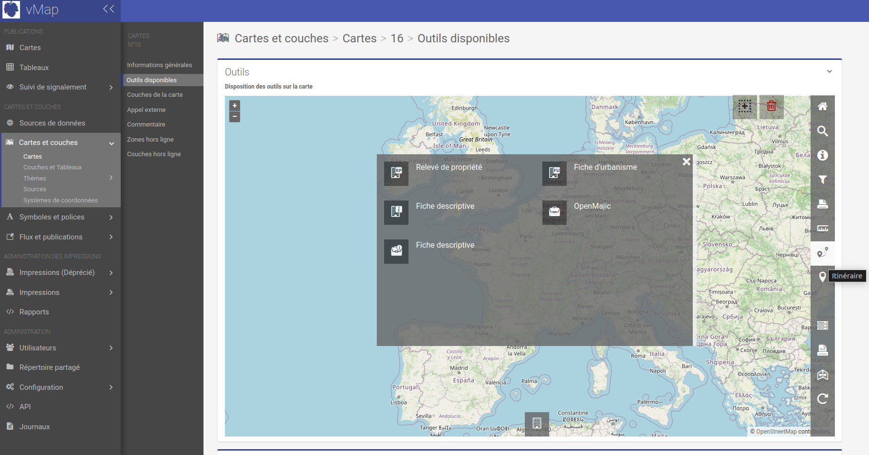 Ajout de l'outil Itinéraire dans la configuration d'une carte