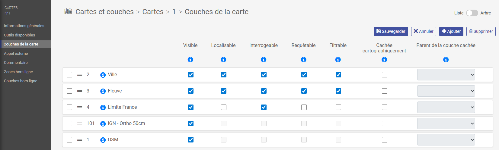 Couche de la carte - options