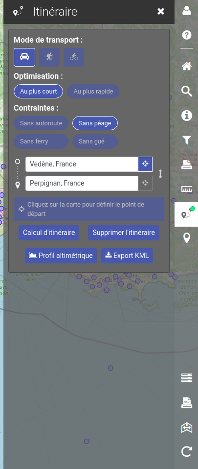 Panneau de l'outil itinéraire