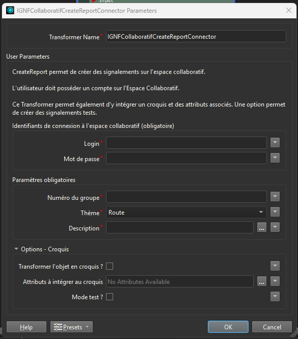 IGNFCollaboratifCreateReportConnector parameters