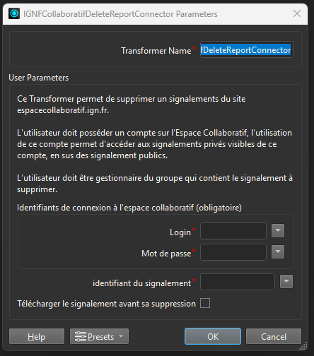 IGNFCollaboratifDeleteReportConnector parameters
