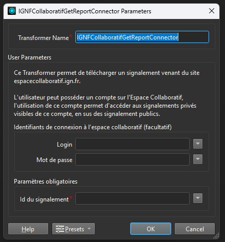 IGNFCollaboratifGetReportConnector parameters
