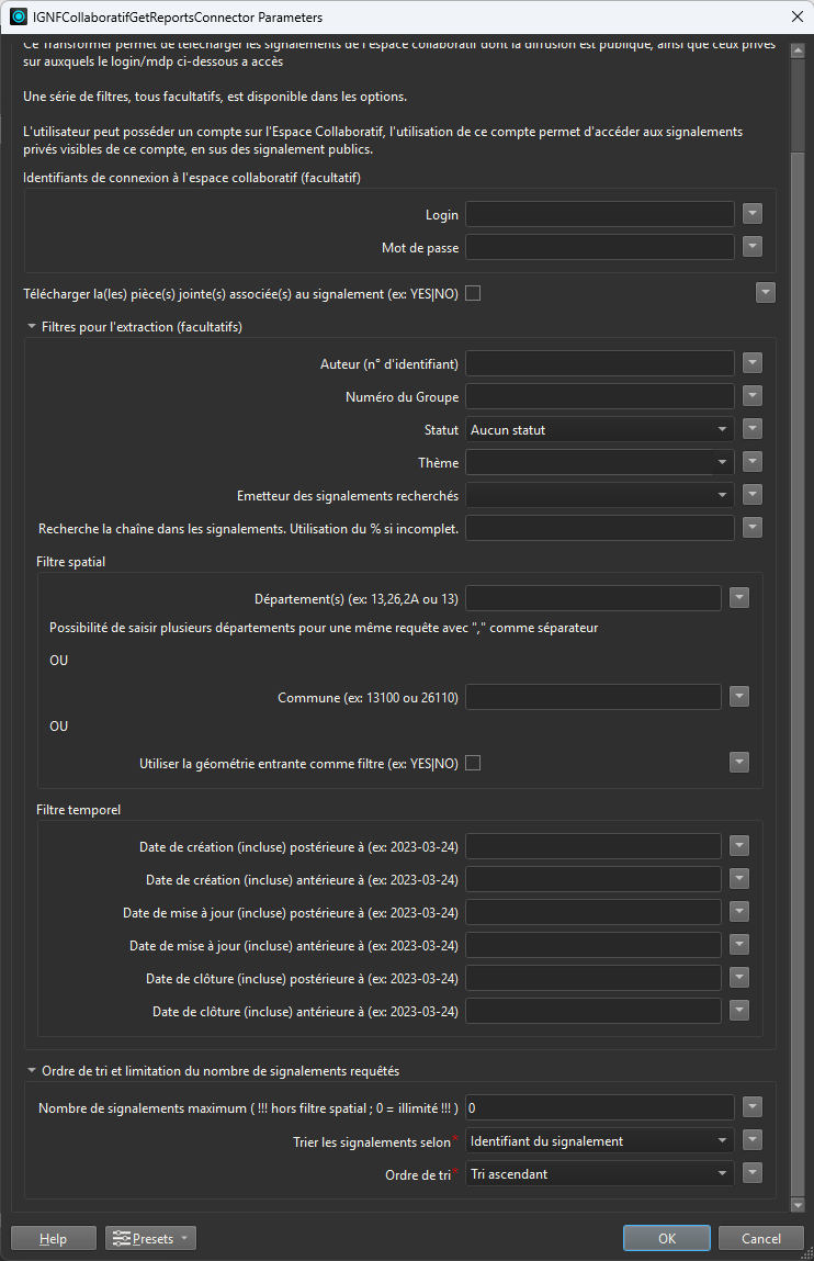 IGNFCollaboratifGetReportsConnector parameters
